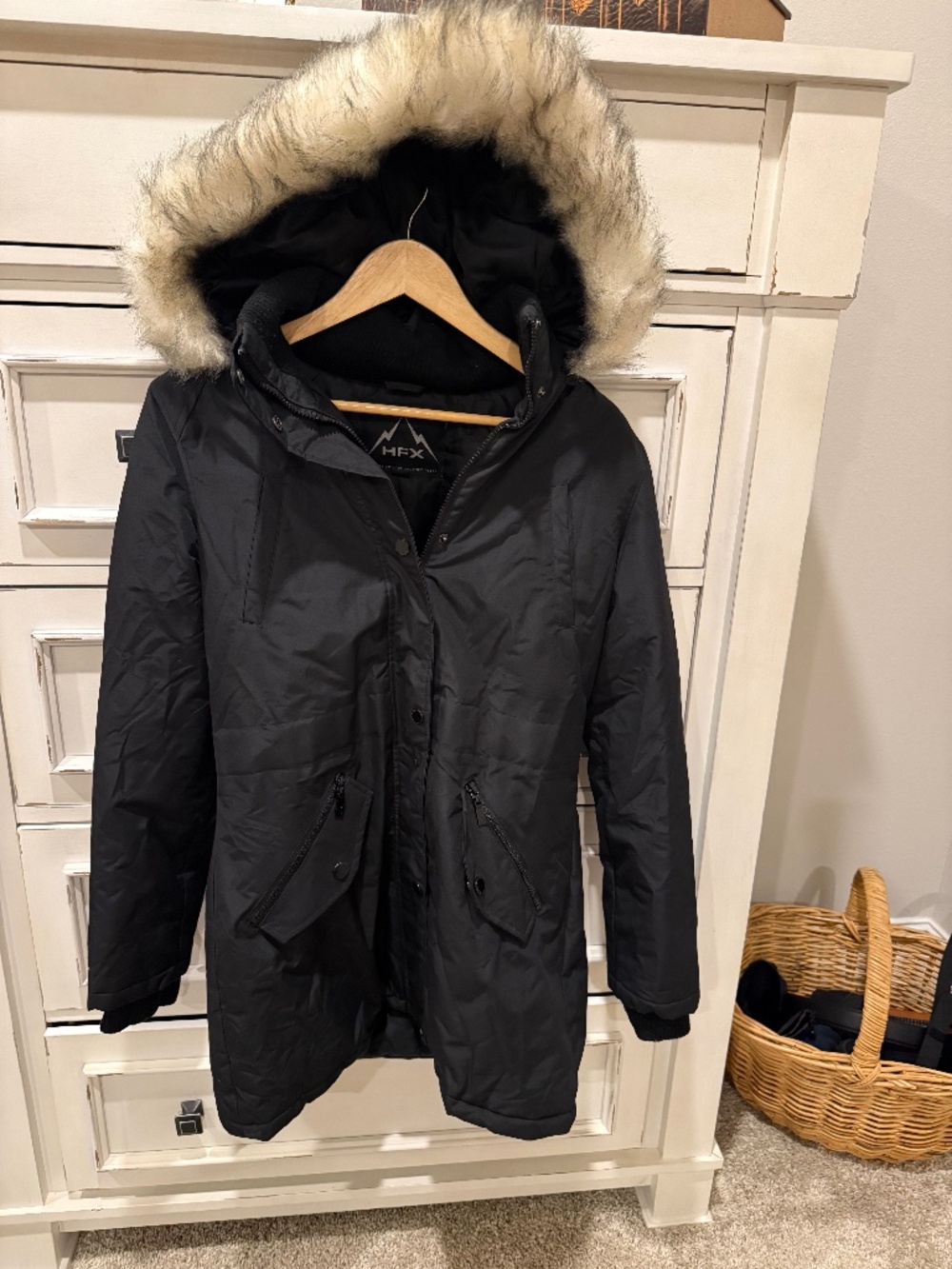 HFX Black Hooded Winter Parka Faux Fur Trim Size S